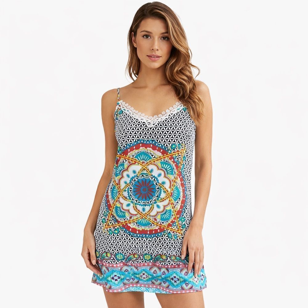 Coco + Carmen V neck adjustable strap lace trim  border floral mini dress L XL
